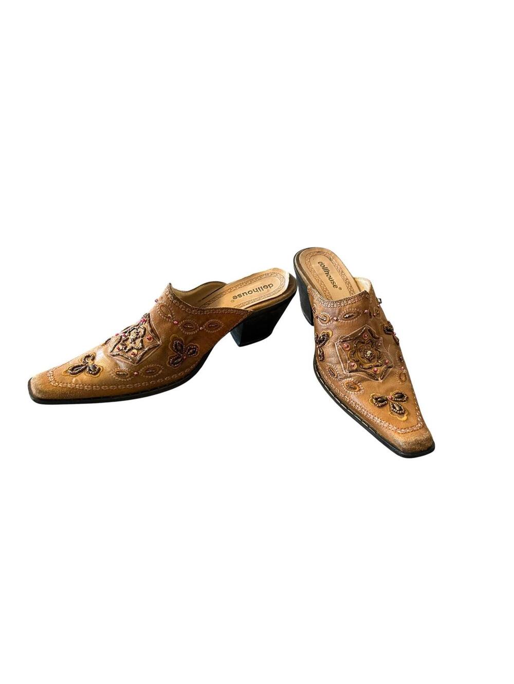 Dollhouse Brown Beaded Embroidered Leather Mule Heels